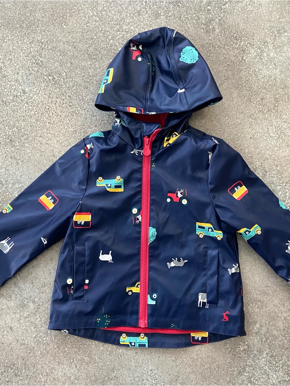 Joules Navy Rain Jacket with Colorful Vehicle Print